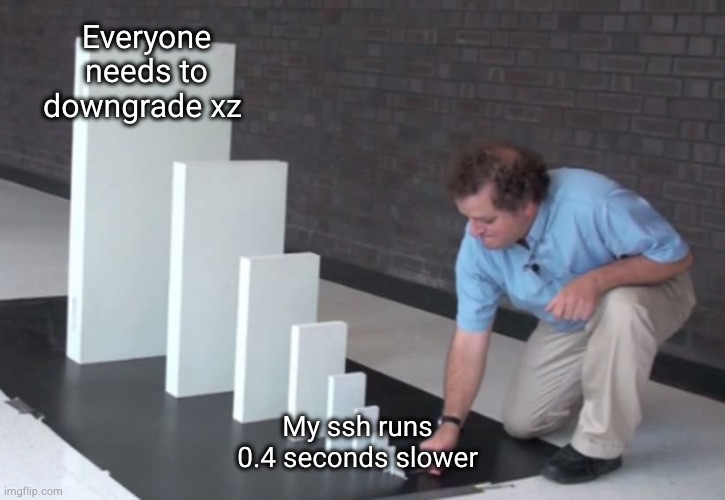 An image of a man in front of dominos that get larger and larger. The smallest domino says, 'My ssh runs 0.4 seconds slower' and the biggest domino, as big as the man, says 'Everyone needs to downgrade xz'